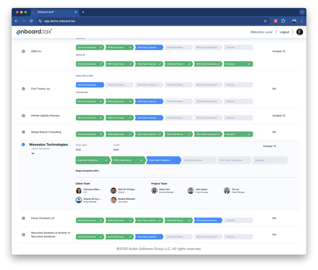 Partner CPA dashboard with client study status