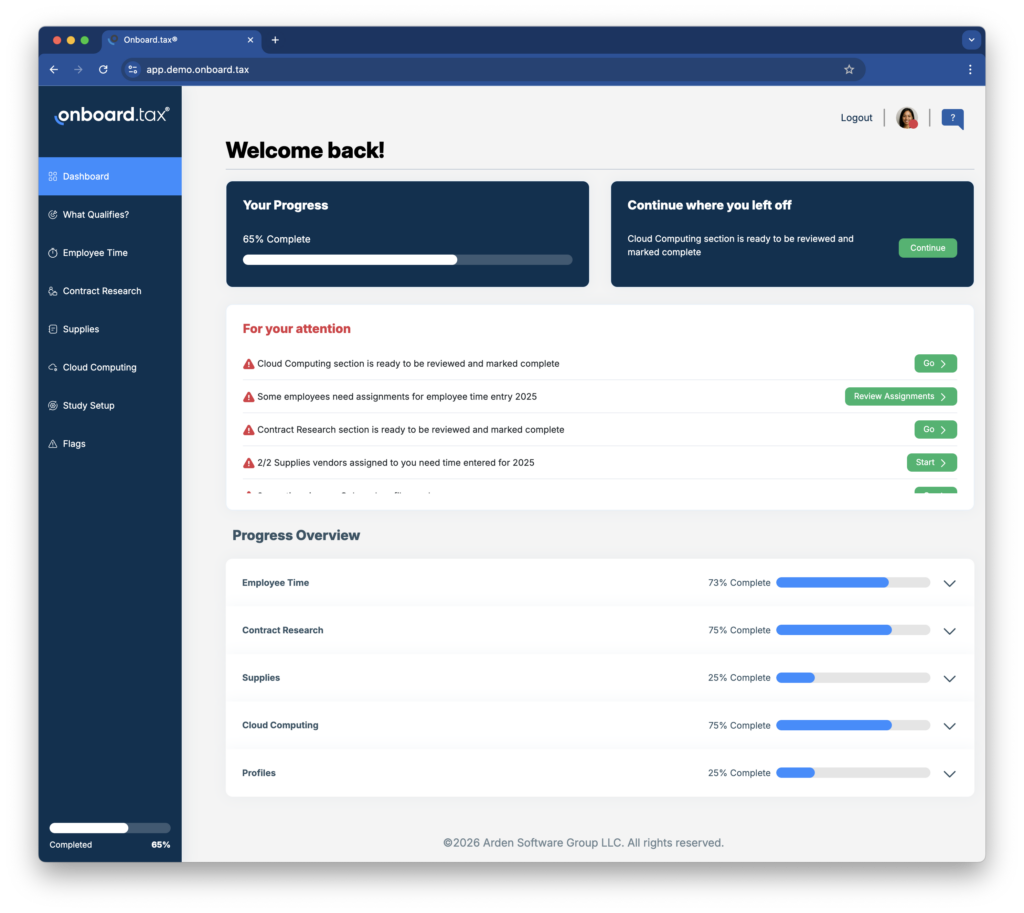 Onboard.tax dashboard view
